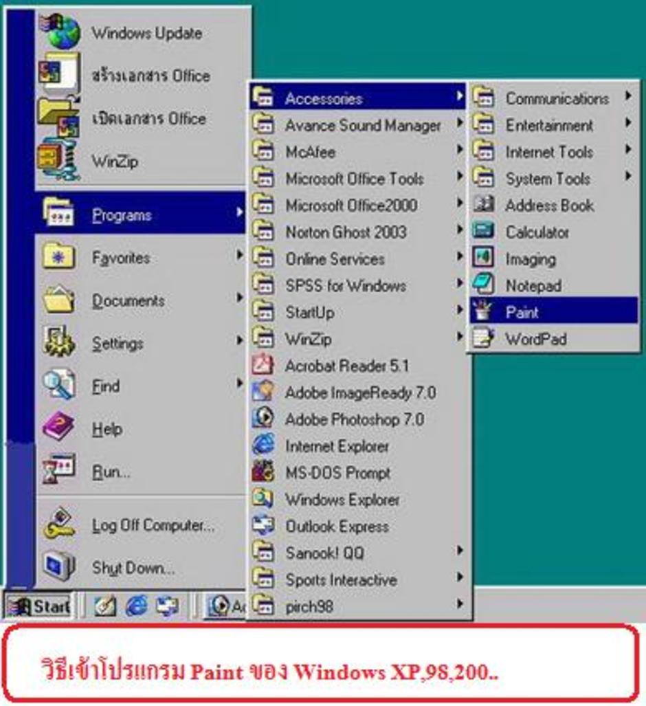 วิธีเข้าโปรแกรม Paint ของ Windows XP, 98,200..
