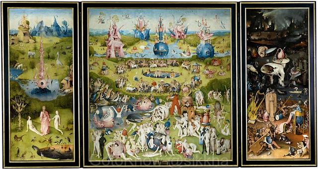 ภาพสีน้ำมัน "The Garden of Earthly Delights ของ Hieronymus Bosch" จิตรกรชาวดัชท์ซึ่งถูกเขียนในช่วง 1490 - 1510 แสดงความสัมพันธ์ระหว่าง "เวลาเทวะ" vs "เวลามนุษย์" ได้อย่างแจ่มชัดนัก ตรงกลางเป็นเวลามนุษย์ แต่ภาพก็เตือนให้เราเห็นว่าเวลาเทวะอาจนำมาได้ทั้งยูโธเปีย (ด้านซ้าย) ดินแดนสวรรค์ หรือไม่ก็ดิสโธเปีย (ด้านขวา) ดินแดนนรก